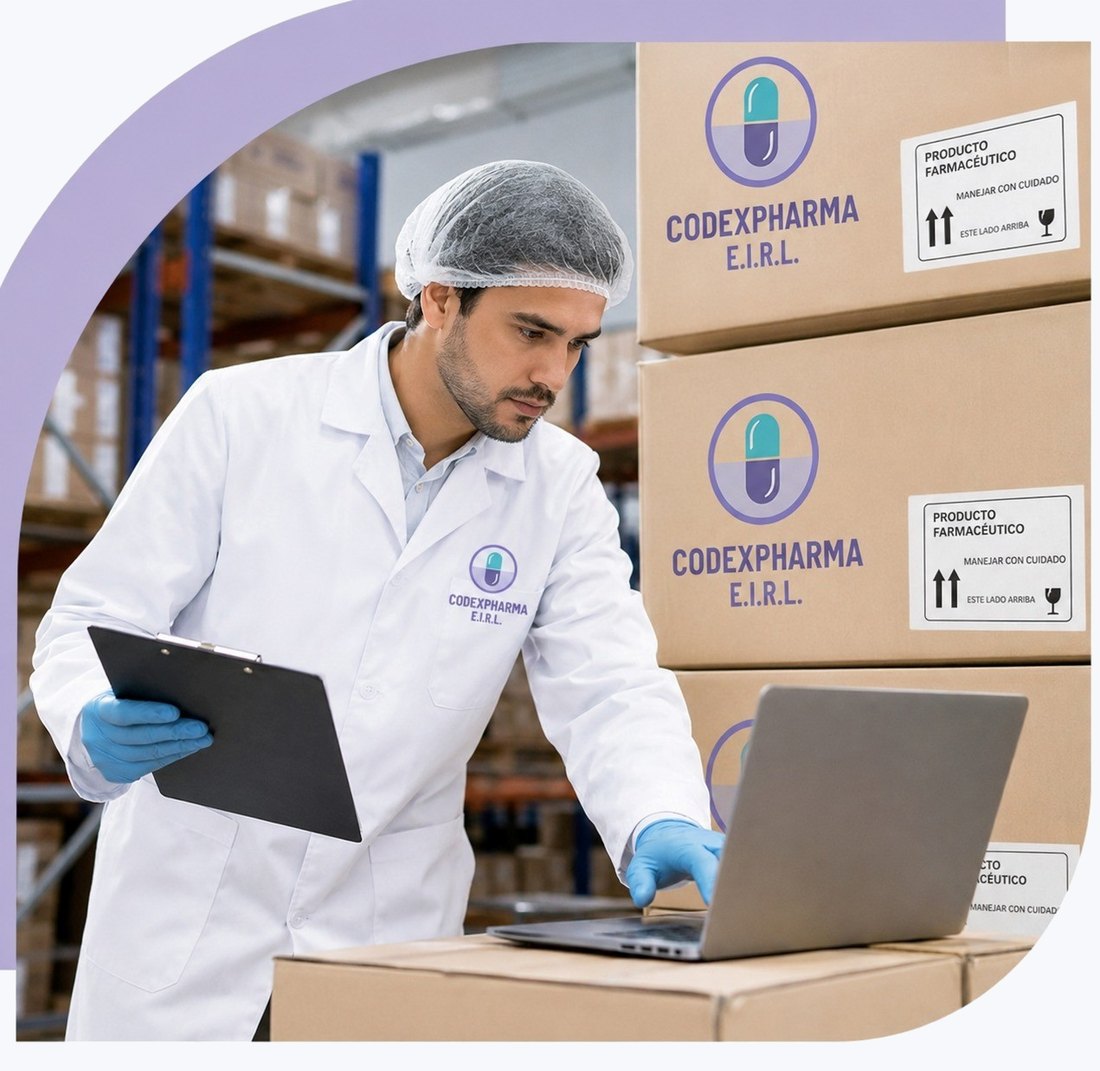 Personal de Corporación Codex Pharma revisando el inventario en el almacén, junto a cajas de producto farmacéutico