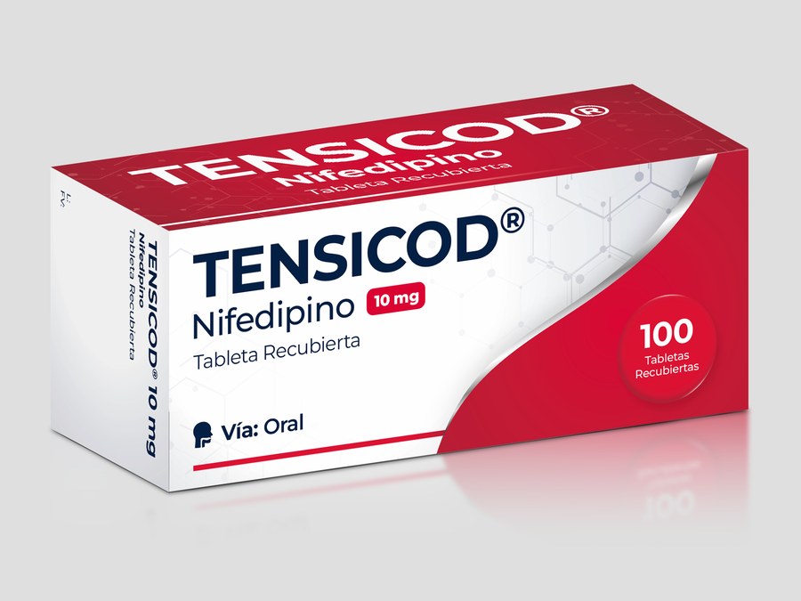 Empaque de TENSICOD, nifedipino 10 mg en tabletas recubiertas